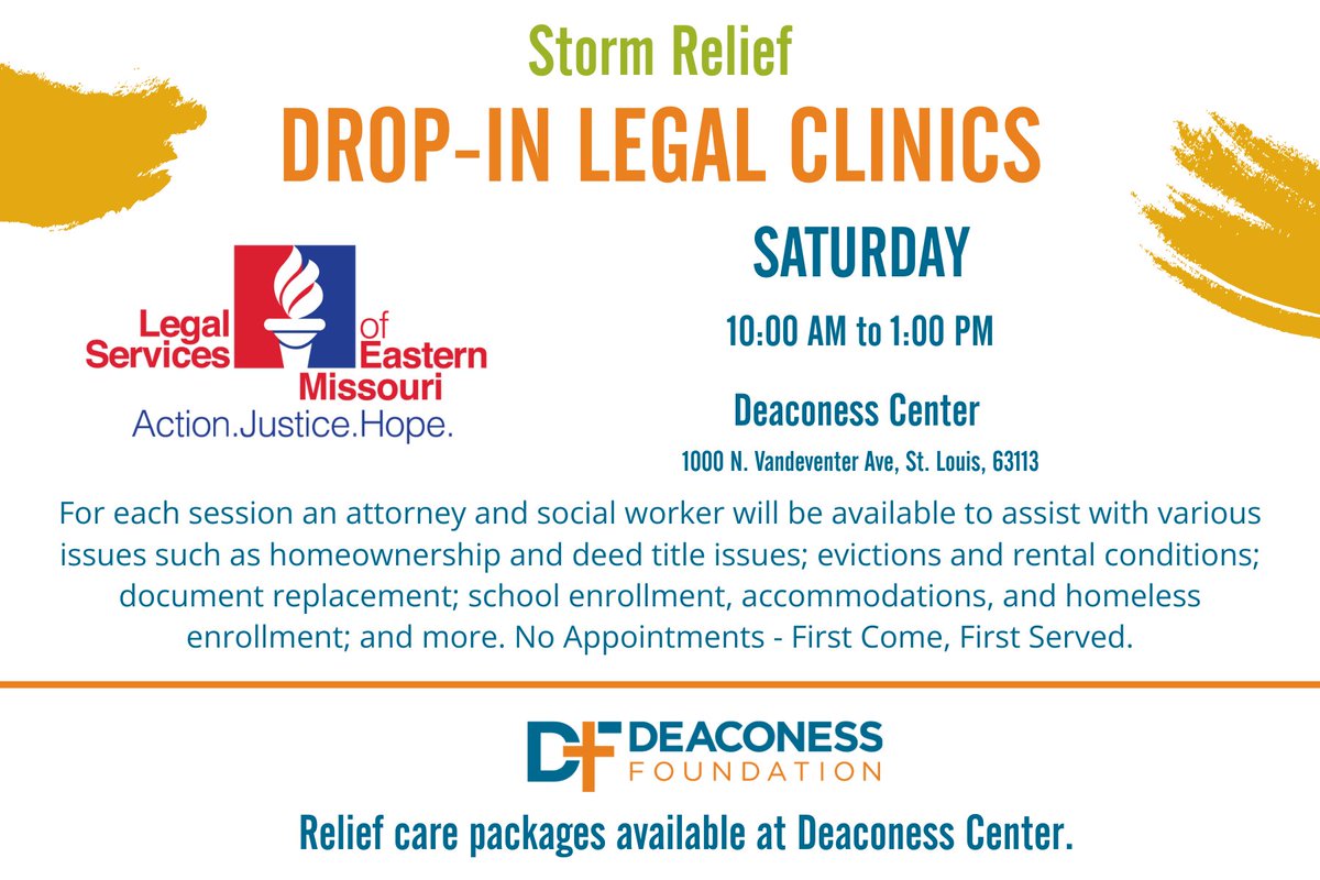 On Saturday <a href="/LSEM_EST1956/">Legal Services-E. MO</a> will host a free storm relief legal clinic at Deaconess Center. For each session an attorney and social worker will be available to assist with various issues. Find up-to-date tornado relief resources here: ow.ly/97qV50WghlC