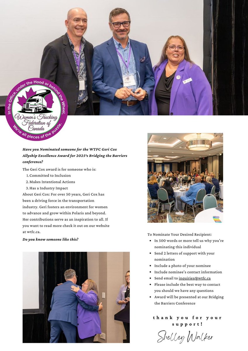 🚛 Championing inclusion, driving change.

These leaders don’t just talk—they make a difference for the future of Canada’s trucking community.
👉 Know someone who leads with allyship? Nominate them today.
🔍 Full criteria: wtfc.ca/geri-cox-allys…
#AllyshipAward #WTFC #btb2025