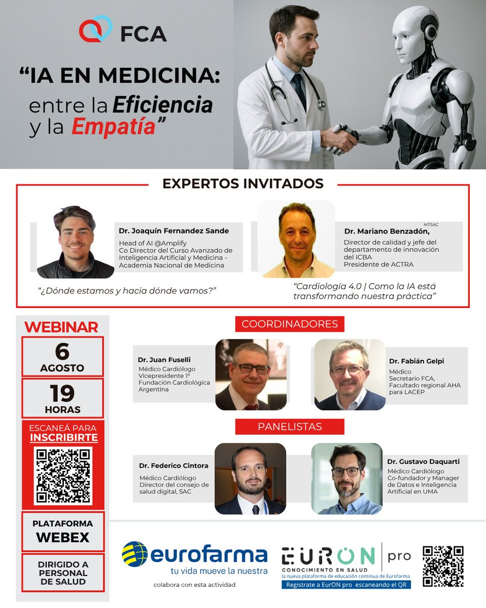 SAC_54's tweet image. 🔵Webinar : “IA en medicina, entre la eficiencia y la empatía”

🔺 Organizado por la Fundación Cardiológica Argentina

📌6 de agosto -  19 h 

✅Más información  e inscripciones 👉🔗  sac.org.ar/sac-eventos/ia…