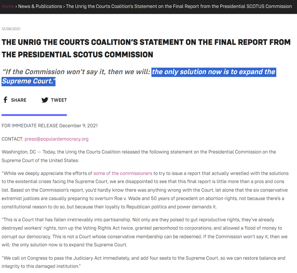 In 2021 the "nonpartisan" Center for Popular Democracy  said that "the only solution now is to expand the Supreme Court" but that webpage has mysteriously vanished ... weird, huh?

Are we not expanding the court anymore <a href="/popdemoc/">Popular Democracy💥</a>?