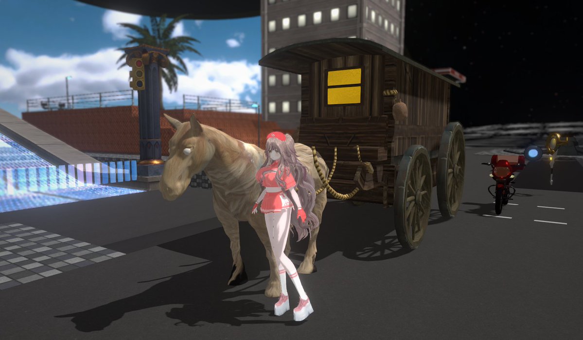 MeringueRouge's tweet image. Should I:
1: Fix the horse's textures and eyeballs
2: Have a human to lug the wagon instead
3: Use this glitched horse as basis for a new species