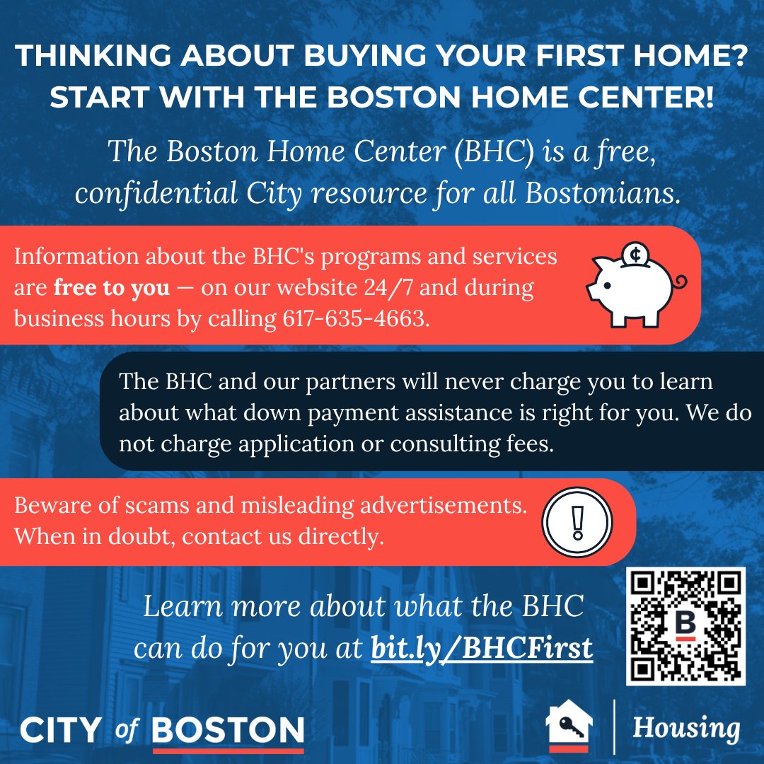 BostonNeighbor's tweet image. Scam artists target first-time homebuyers with fake promises and hidden fees. The #BostonHomeCenter is a trusted, free resource from the @CityofBoston. Get real support, down payment assistance, homebuyer education, and resources without the scams. bit.ly/BHCFirst