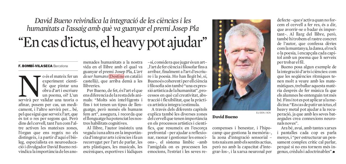 Grup62's tweet image. 🎭 «Explica també les diverses zones del cervell que tenen importància en els processos artístics i cientí- fics [...].»

🗞 A @LaVanguardia recullen les declaracions del #PremiJosepPla d’enguany, ‘L’art de ser humans’, de @DavidBueno33.