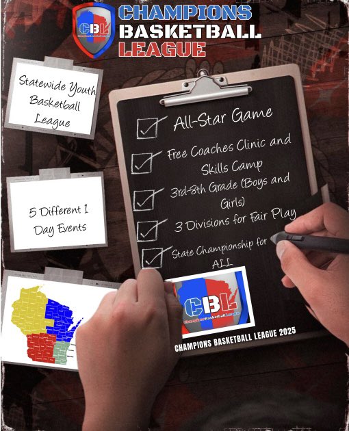 🏀 Champions Basketball League 🏀

The CBL is a statewide youth league for 3rd–8th grade Boys &amp; Girls across WI!

✅ 4 Regions
✅ 5 One-Day Events
✅ 3 Divisions for Fair Play
✅ State Championship for ALL
✅ All-Star Game
✅ Skills Camp

🌐 cblwi.com

#CBL