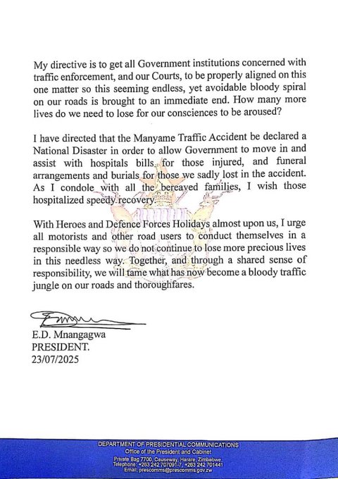 Simangaliso Dube (@simangalisodub5) on Twitter photo 1/2 Our compassionate & attentive leader, <a href="/edmnangagwa/">President of Zimbabwe</a>, has expressed his heartfelt condolences following the tragic road traffic accident that occurred at Manyame Bridge. Demonstrating his deep care for the nation, he extended his deepest sympathies to all the families who have 1/2 Our compassionate & attentive leader, <a href="/edmnangagwa/">President of Zimbabwe</a>, has expressed his heartfelt condolences following the tragic road traffic accident that occurred at Manyame Bridge. Demonstrating his deep care for the nation, he extended his deepest sympathies to all the families who have