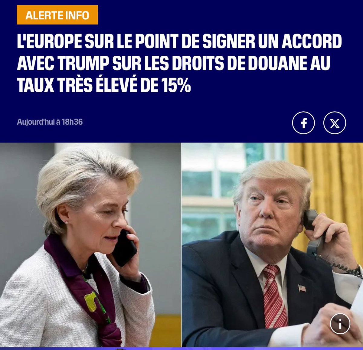 camille_moscow's tweet image. 🔻 Trump impose 15% de taxes sur les produits européens. Bruxelles s’aplatit.
Menacée de droits de douane à 30%, l’UE a préféré plier sans négocier.
Pendant que les Anglais et les Japonais décrochent des deals préférentiels, la “puissance européenne” paie plein tarif — merci…