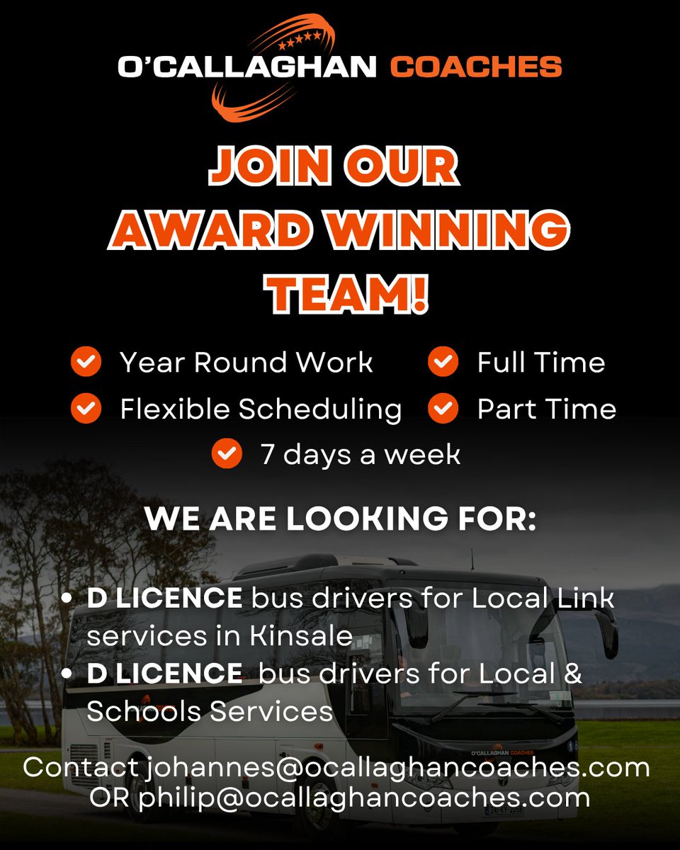 O’Callaghan Coaches|Chauffeur|Holidays (@ocallaghancoach) on Twitter photo Looking to make a change? We have opportunities available for D licence bus drivers in the Killarney and Kinsale areas.
Contact johannes@ocallaghancoaches.com or philip@ocallaghancoaches.com with your details/cv or with any questions you might have or for more info.
#jobsinkerry Looking to make a change? We have opportunities available for D licence bus drivers in the Killarney and Kinsale areas.
Contact johannes@ocallaghancoaches.com or philip@ocallaghancoaches.com with your details/cv or with any questions you might have or for more info.
#jobsinkerry