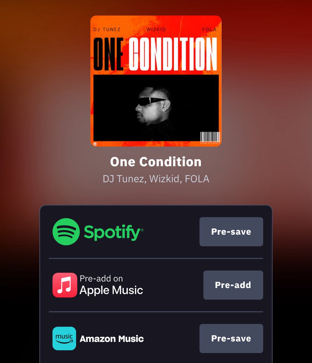 ONE CONDITION by <a href="/DJ_TUNEZ/">DJ TUNEZ</a> featuring <a href="/wizkidayo/">Wizkid</a> &amp; <a href="/Folapondis/">FOLA</a> out this Friday! ❤️🦅

PRE-SAVE here: easiersaid.lnk.to/OneCondition