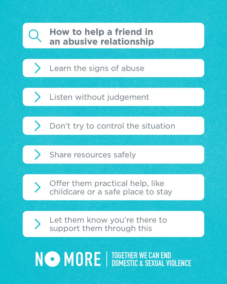 NOMOREorg's tweet image. It can be hard to know how to help someone in an abusive relationship. If you’re worried about someone you love, know this: you don’t have to fix it or know exactly what to do. Just being there, consistently and without judgement, can make a big difference.
Visit…