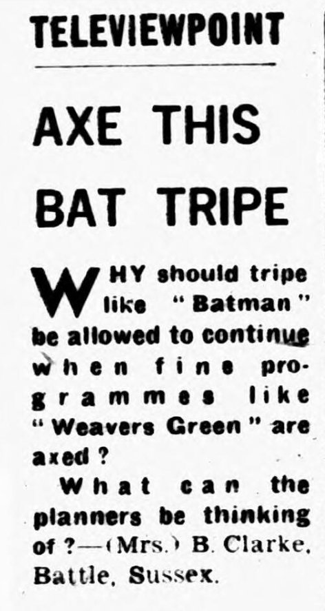archivetvmus71's tweet image. Today's Televiewpoint postbag (23rd July 1966) leads with Weavers Green yay, Batman nay.