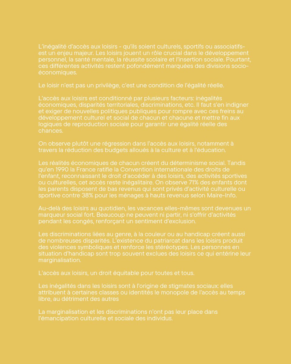 ☀️ Pas de justice sociale sans égalité d’accès aux loisirs : le loisir n’est pas un privilège, c’est une condition de l’égalité réelle.

Face aux inégalités économiques, territoriales et aux discriminations, il est temps de garantir ce droit pour toutes et tous.