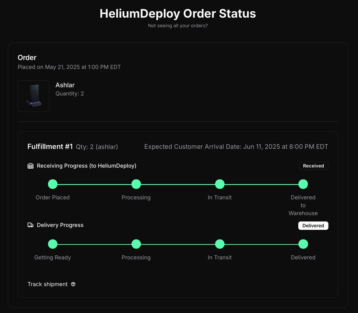 MokenMarket's tweet image. Track your HeliumDeploy orders like a pro with the DePIN Tracker! 📦 Get real-time updates on when your units hit the warehouse and ship straight to you. Stay in the loop and mine with confidence! moken.io/hd-order-status