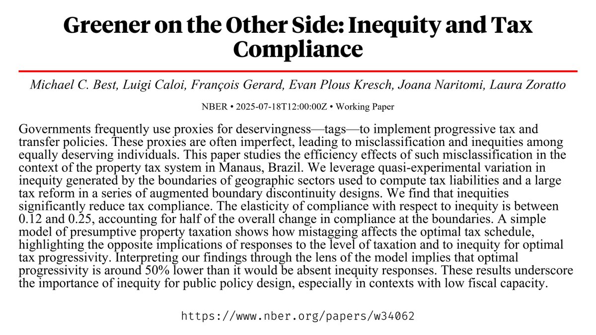 CapybaraPapers's tweet image. Greener on the Other Side: Inequity and Tax Compliance nber.org/papers/w34062