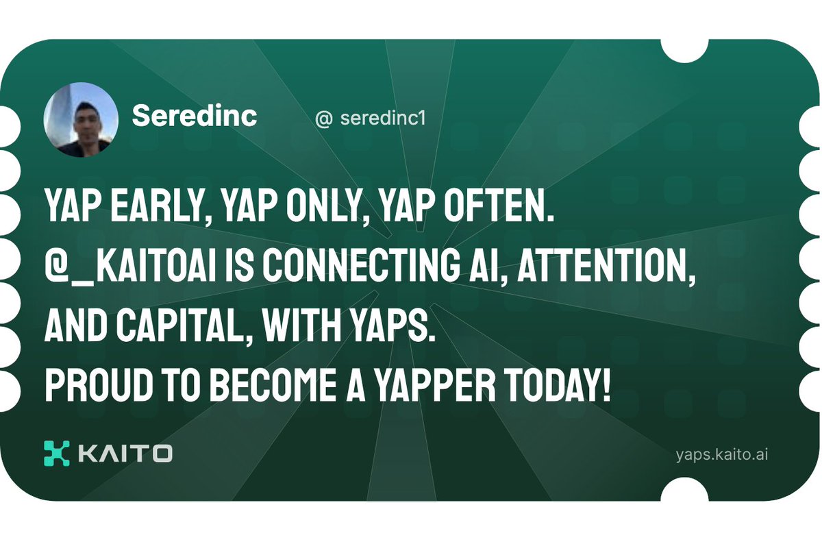 Yap early, yap only, yap often.

<a href="/KaitoAI/">Kaito AI 🌊</a> is connecting AI, attention and capital with Yaps.

Just claimed my social card and I'm accumulating Yap points in real-time.

Claim yours 👉 yaps.kaito.ai/referral/94099…