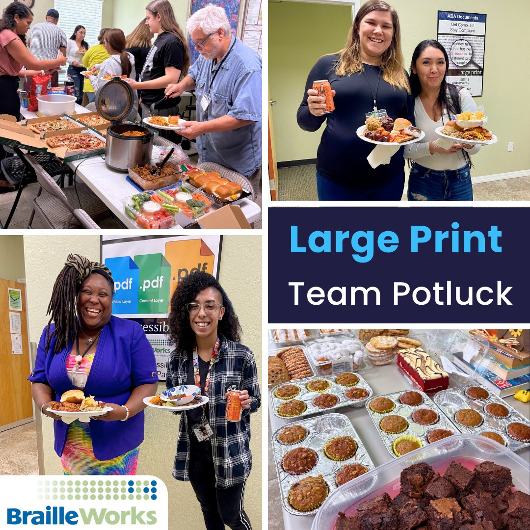 BrailleWorks's tweet image. Braille Works is bringing the flavor!

The Large Print Team spent their afternoon enjoying a team potluck! They had a variety of foods including spam musubi, meatballs, and sloppy joes!
