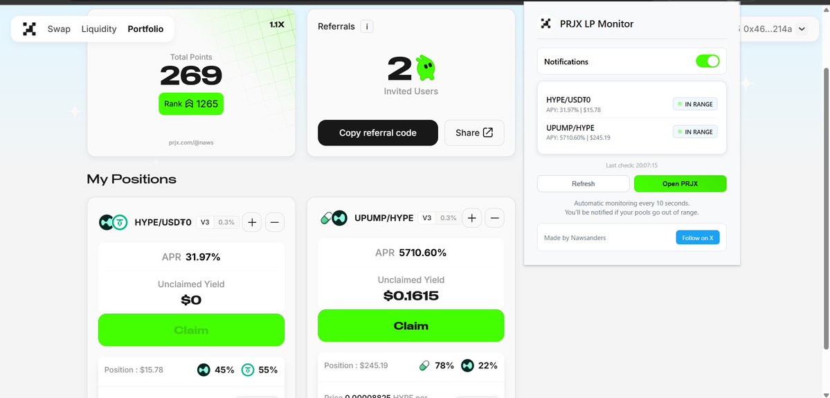Nawsanders's tweet image. • A few days ago I was tired of checking my LPs every 5 mins just to see if they were still in range.
⤷ So I built a tool. Fully open source, with clear comments.
Now it alerts me the second they go out of range.
⇝ github.com/nawsss/prjx-lp…
Farm in peace.