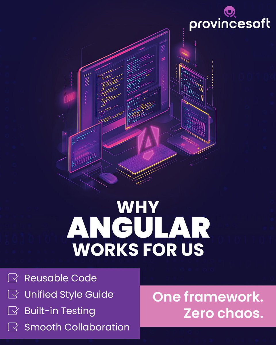 ProvinceSoftInc's tweet image. At ProvinceSoft, we use Angular to bring order to complexity—delivering development that’s fast, collaborative, and future-proof.
Let your code do more with less. Talk to ProvinceSoft.
#ProvinceSoft #AngularDevelopment #SmartSystems #FrictionlessFlow #ModernIT