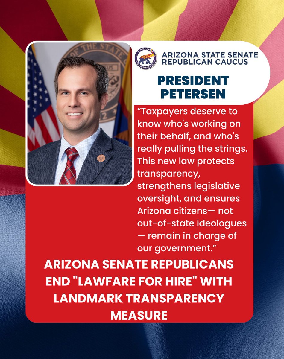 AZSenateGOP's tweet image. 🚨FOR IMMEDIATE RELEASE: Arizona Senate Republicans End "Lawfare for Hire" with Landmark Transparency Measure
Full press release: azsenaterepublicans.gov/post/arizona-s…
@votewarren