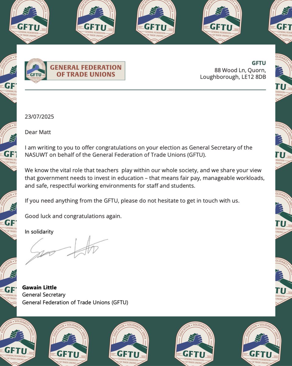 General Federation of Trade Unions (@gftu1) on Twitter photo Our general secretary,<a href="/GawainLittle/">Gawain Little</a> , has just written to
<a href="/MattWrack/">Matt Wrack</a> congratulating him on his election as General Secretary of the <a href="/NASUWT/">NASUWT</a>.
Read the letter in full below๐
#GFTU #NASUWT #Education Our general secretary,<a href="/GawainLittle/">Gawain Little</a> , has just written to
<a href="/MattWrack/">Matt Wrack</a> congratulating him on his election as General Secretary of the <a href="/NASUWT/">NASUWT</a>.
Read the letter in full below๐
#GFTU #NASUWT #Education