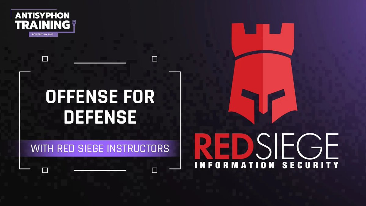 What if you could learn Offensive Security while in a Defensive role?

In Offense for Defense with Tim Medin, learn how attackers think so you can stop them faster.

Defend smarter. Think like an attacker.

Learn more: antisyphontraining.com/course/offense…