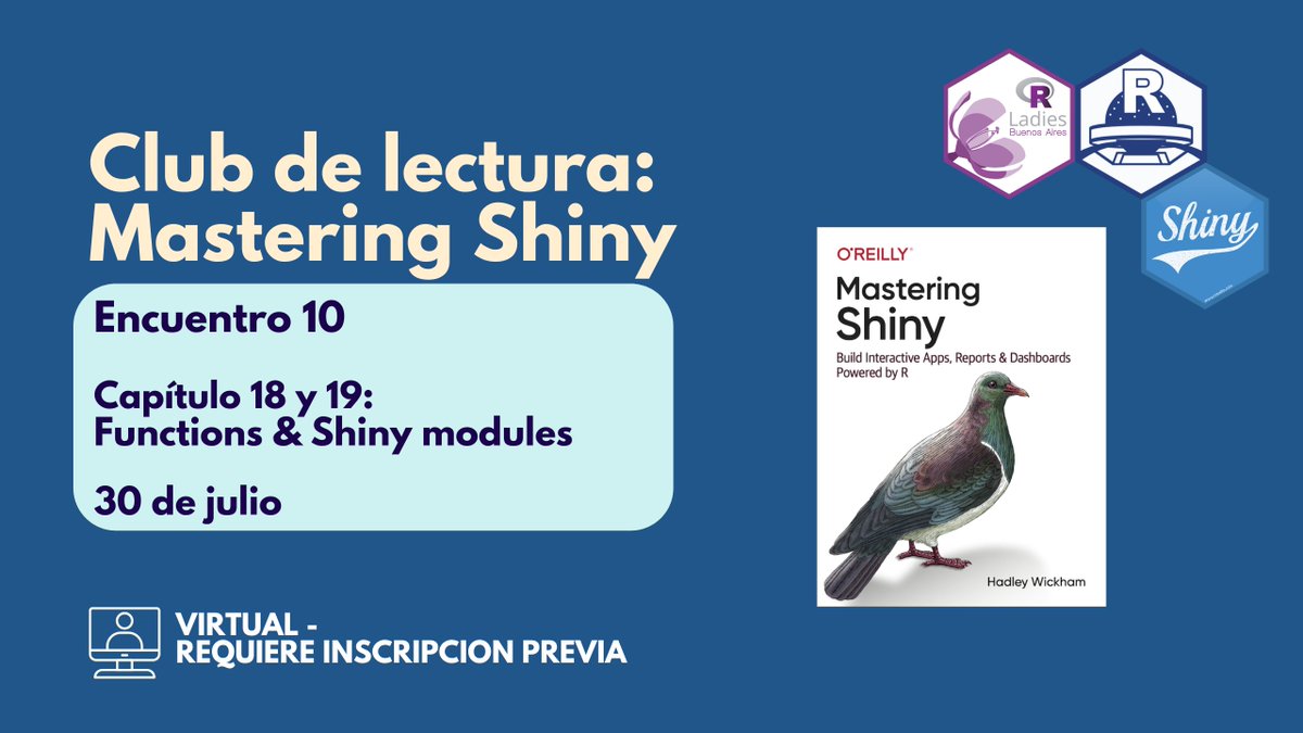 ¡Sumate al último encuentro de Lectura Mastering Shiny!
Organizan <a href="/RLadiesBA/">R-Ladies BuenosAires</a>  &amp; R en Buenos Aires 🚀
📅 Mié 30/07, 18:30-20:00 (UTC-3)
💻 Resolvemos ejercicios y compartimos dudas sobre Shiny.
🙋‍♀ No hace falta ser experta.
📝 Inscribite en el link en  meetup.com/rbuenosaires/e…