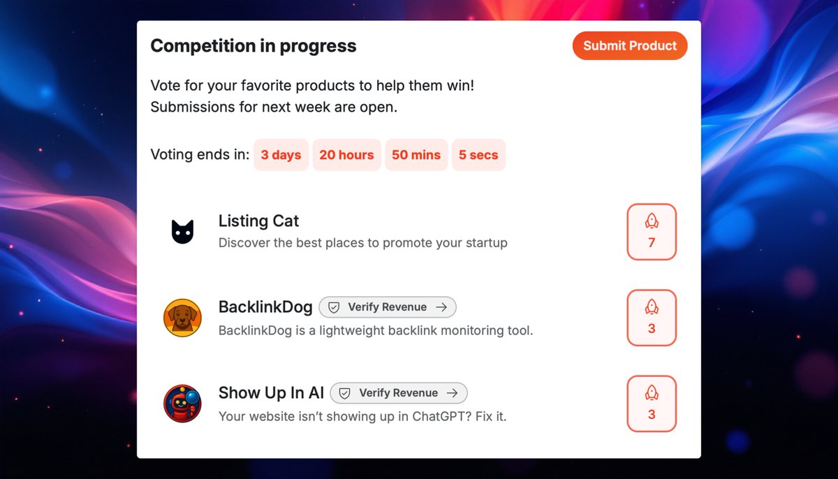 The 3 only tools you need to get visitors to your SaaS are currently live on Huzzler 🚀

- <a href="/ShowUpInAI/">ShowUpInAI 🚀</a>
- <a href="/ListingCat/">Listing Cat</a>
- <a href="/BacklinkDog/">Backlink Dog</a>

(Don't ask why I submitted two of mine at the same time 🙈 and upvote us 🙃👇)