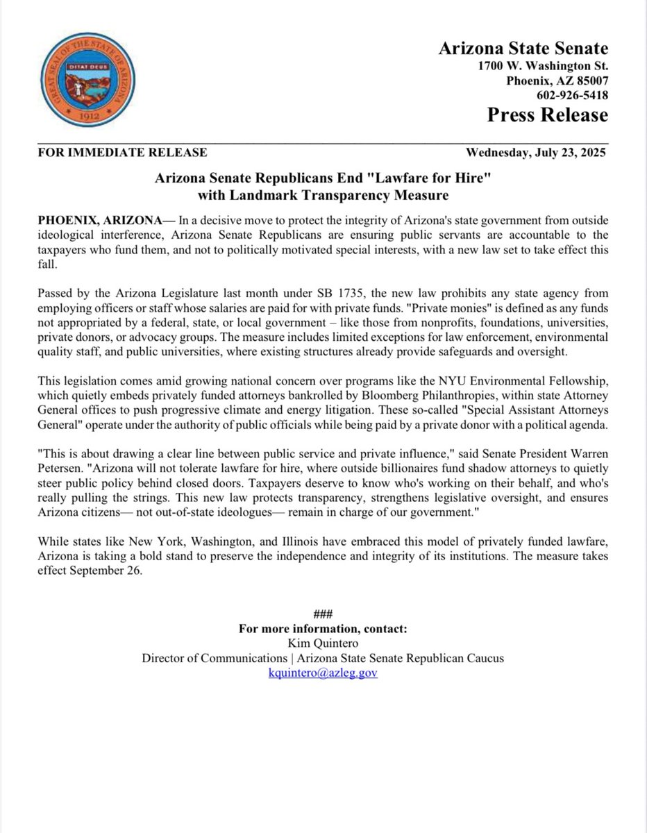 AZSenateGOP's tweet image. 🚨FOR IMMEDIATE RELEASE: Arizona Senate Republicans End "Lawfare for Hire" with Landmark Transparency Measure
Full press release: azsenaterepublicans.gov/post/arizona-s…
@votewarren