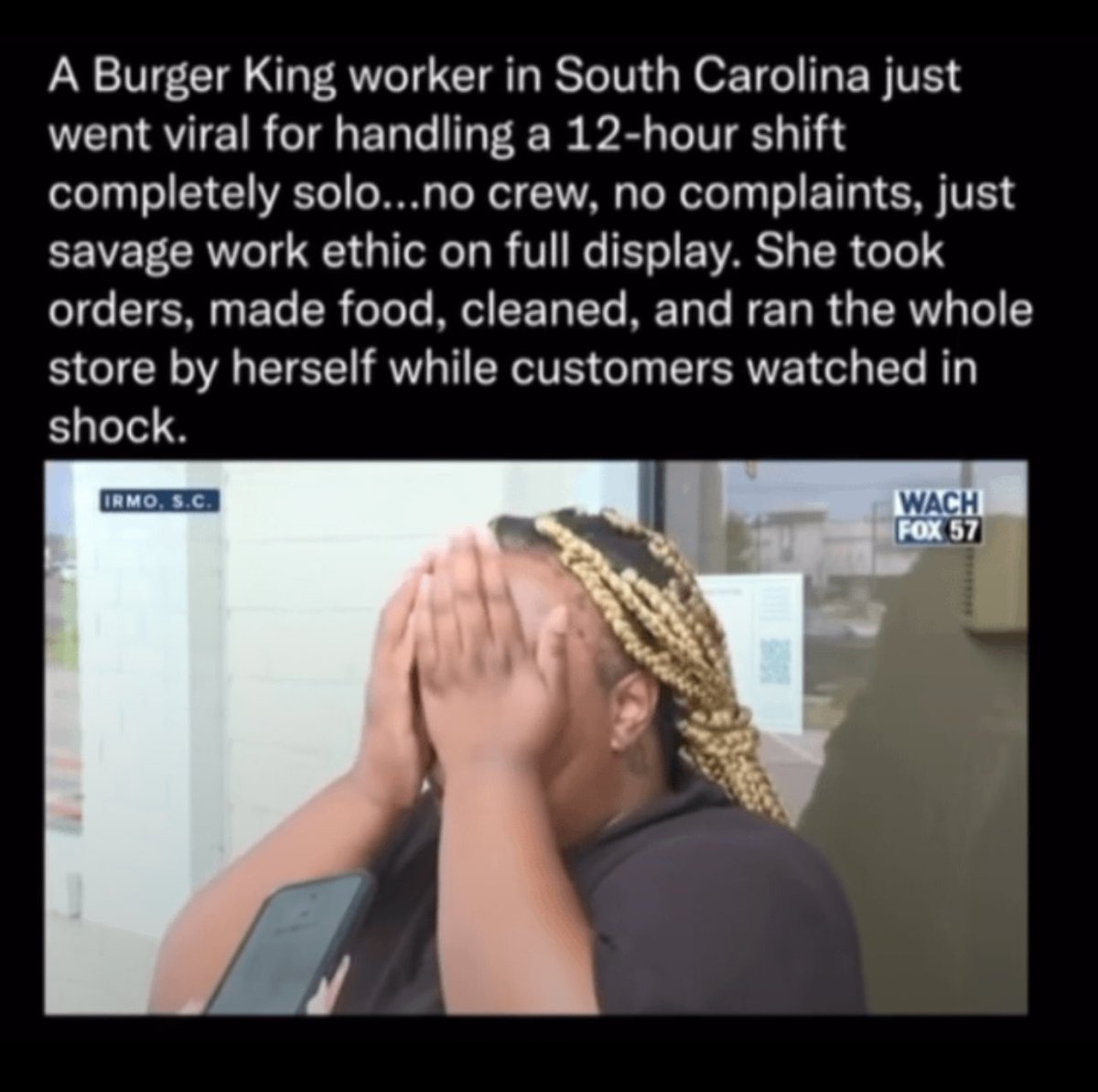 This isn’t a feel good story, this is a dystopian nightmare, taking place in a dying empire. Burger King is a publicly traded company, raking nearly $2B in 2023, with a net profitability of &gt;$200K per store, meanwhile the average wage is $11 per hour. This is disgraceful 🤢