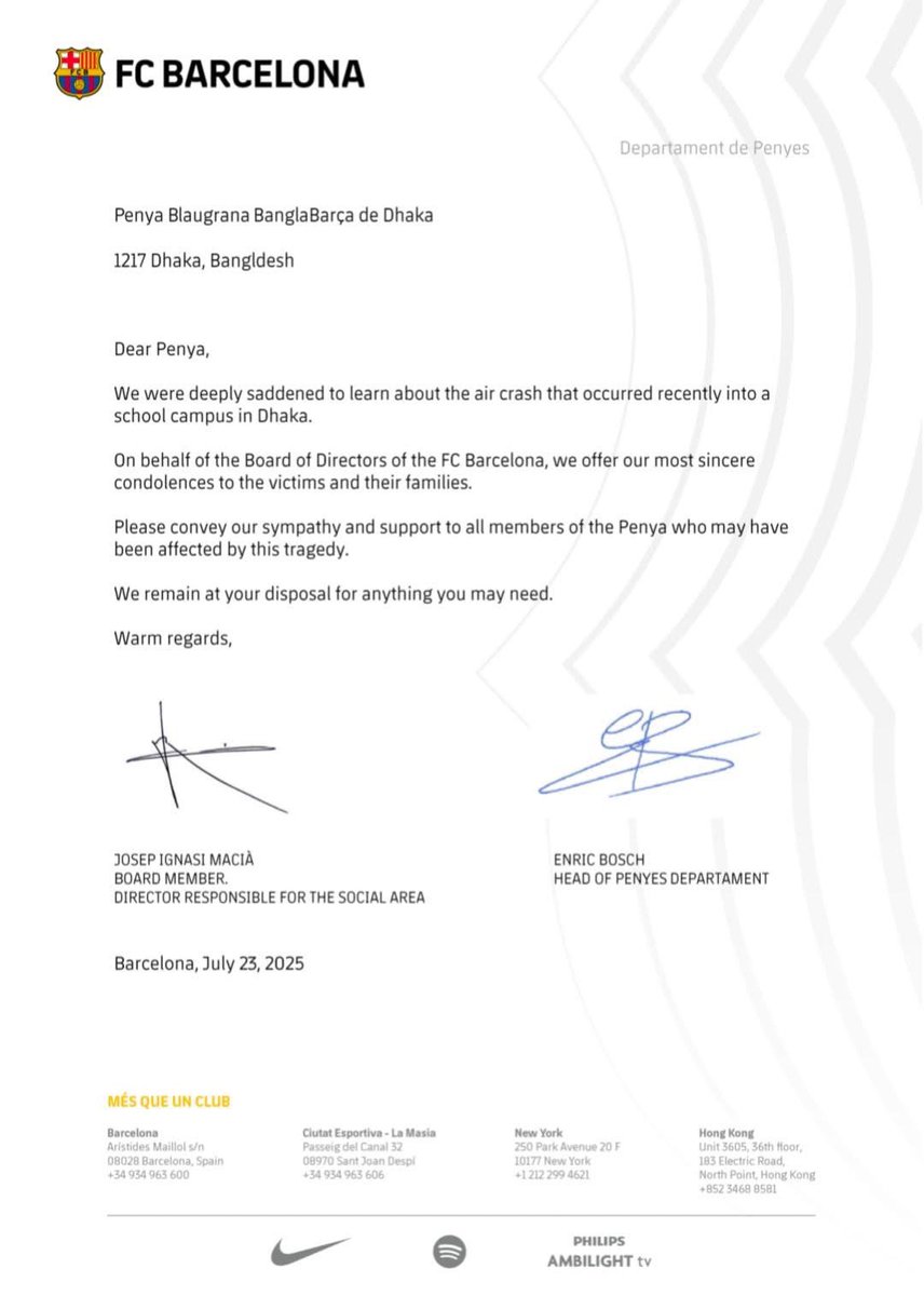 FC Barcelona has sent its heartfelt condolences to Penya Blaugrana BanglaBarça for all those affected by the tragic incident at Milestone School and College.

A BAF fighter jet crashed into the junior section of the institution last Monday, leaving many in shock and sorrow.