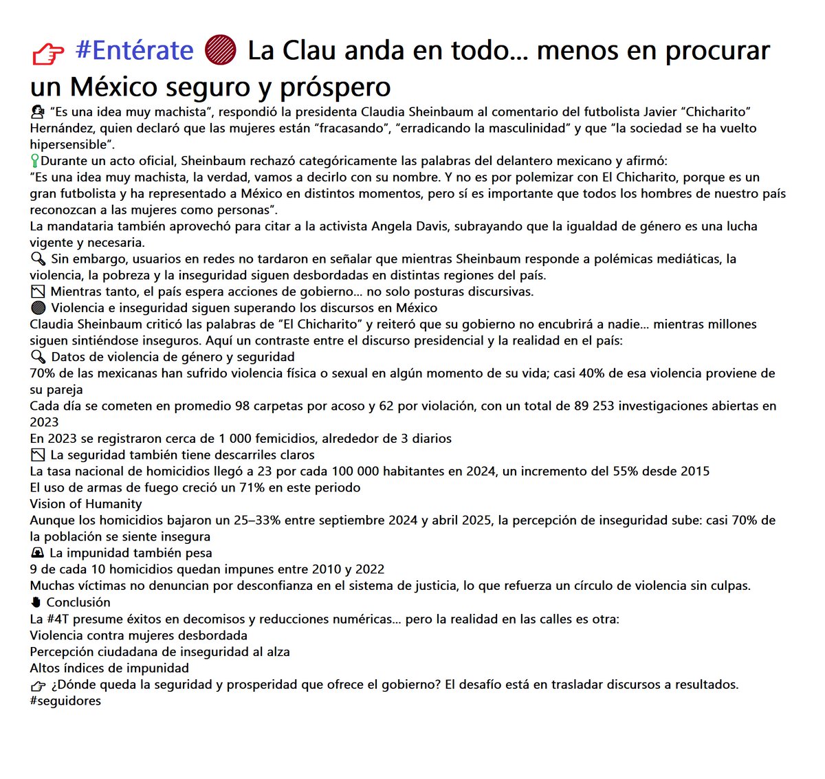 DigitaMorelos's tweet image. #Entérate 📷 La Clau anda en todo... menos en procurar un #México seguro y próspero
📷 “Es una idea muy machista”, respondió la presidenta Claudia Sheinbaum al comentario del futbolista Javier “Chicharito” Hernández, quien declaró que las mujeres están “fracasando”, “erradicando