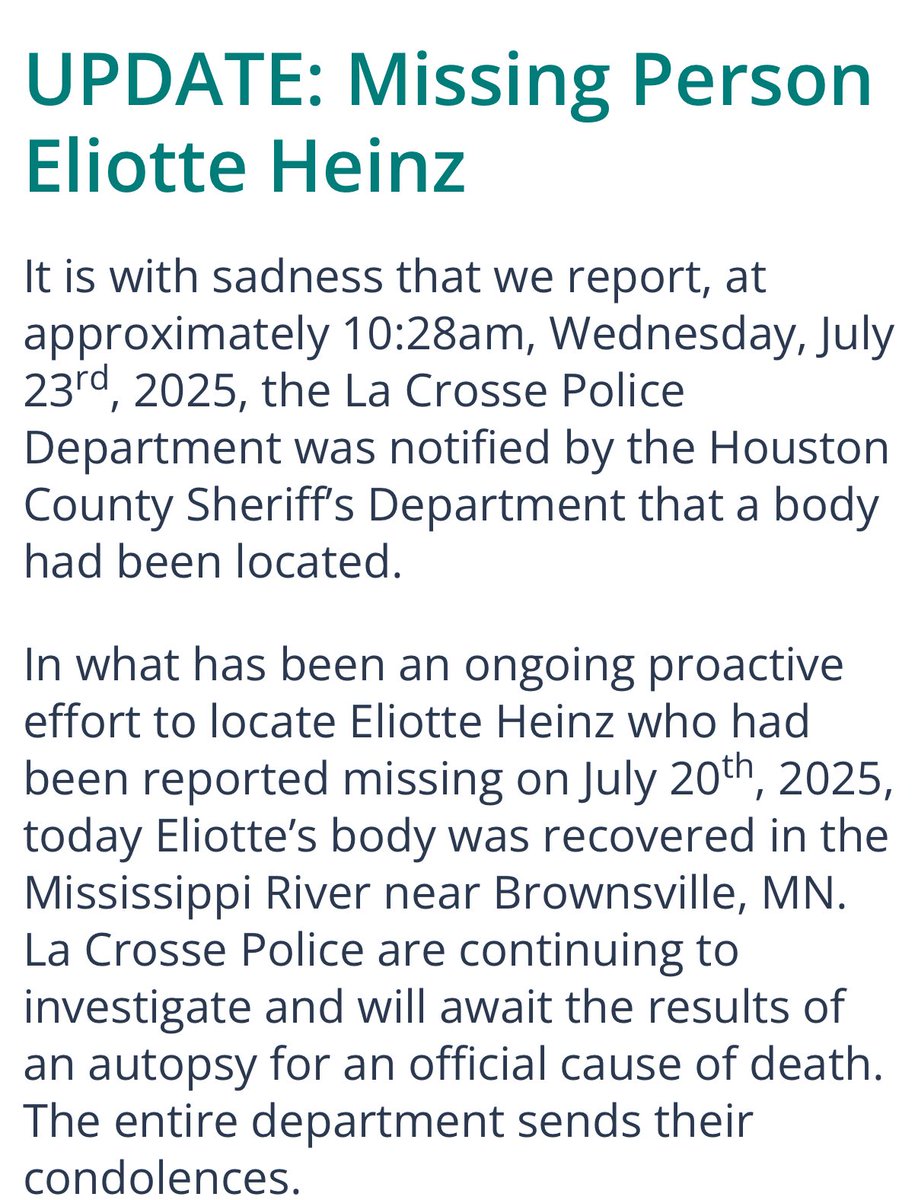 MarcTwinCities's tweet image. Missing La Crosse woman Eliotte Heinz body was recovered from the Mississippi. Police say they are awaiting results of autopsy for official cause of death
