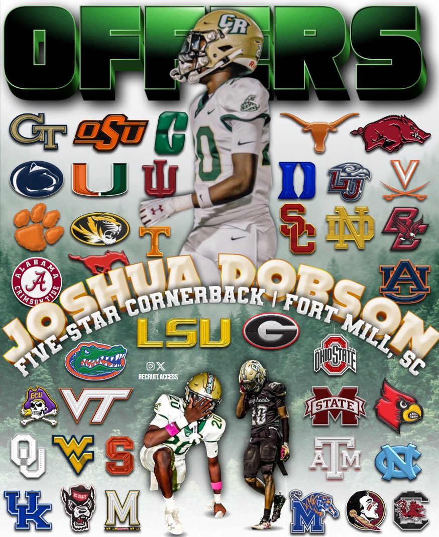 recruit_access's tweet image. Offers received so far for C/O 2027 5🌟 CB Joshua Dobson (@JoshDobsonDB )
Dobson is ranked as a top 5 recruit in the nation (#1 CB) per the rivals industry
Where should he call home? ⬇️