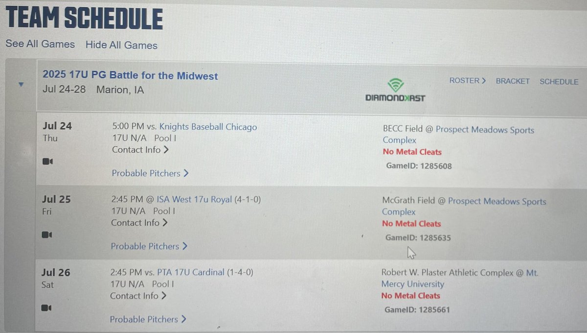 Here is my upcoming schedule for the Perfect Game Tournament in Marion, IA.
Feel free to reach out if you have any questions.