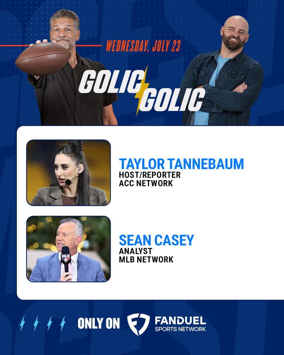 FanDuel Sports Network (@fanduelsn) on Twitter photo The π€π£π π’π€π£π©π countdown until the first college football game is officially underway!
Weβll discuss that and much more on Golic & Golic at 3:00PM ET.
<a href="/Coach_Norvell/">Mike Norvell</a> | <a href="/minakimes/">Mina Kimes</a> | <a href="/TaylorTannebaum/">Taylor Tannebaum</a> | <a href="/TheMayorsOffice/">Sean Casey</a> The π€π£π π’π€π£π©π countdown until the first college football game is officially underway!
Weβll discuss that and much more on Golic & Golic at 3:00PM ET.
<a href="/Coach_Norvell/">Mike Norvell</a> | <a href="/minakimes/">Mina Kimes</a> | <a href="/TaylorTannebaum/">Taylor Tannebaum</a> | <a href="/TheMayorsOffice/">Sean Casey</a>