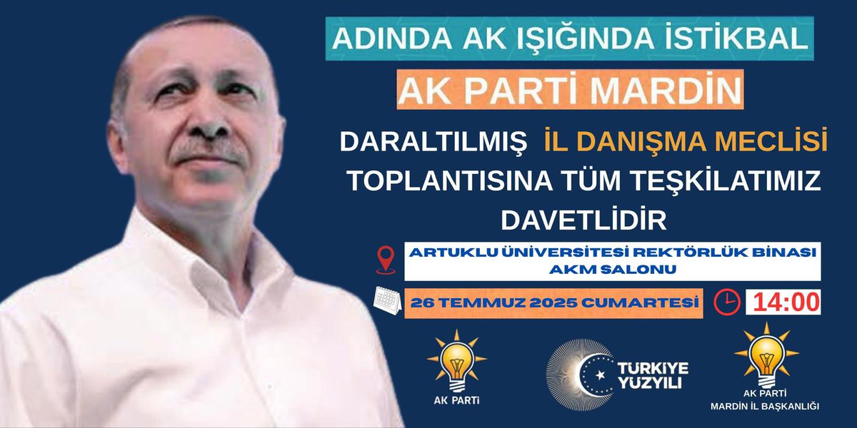 AK Parti Mardin İl Başkanlığı olarak, teşkilatımızın birlik ve beraberliğini güçlendirmek, yeni dönem hedeflerimizi değerlendirmek amacıyla gerçekleştireceğimiz:

Daraltılmış İl Danışma Meclisi Toplantısı’na
tüm halkımız davetlidir.