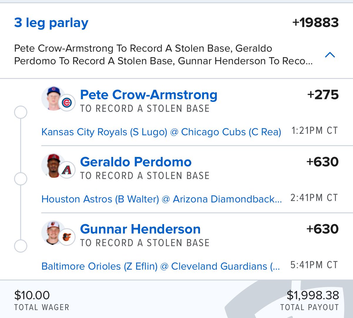 PicksHunch0's tweet image. MLB Stolen Bases Parlay Lotto 👮🏻‍♂️ 🍀 

$10—&amp;gt;$2,000 (+2000)