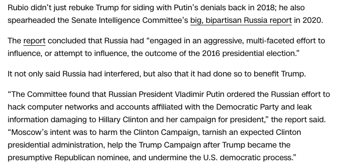 A reminder of what Rubio's report said.

It wasn't just that Russia interfered. It was also that Putin ordered it, and that it was to help Trump.