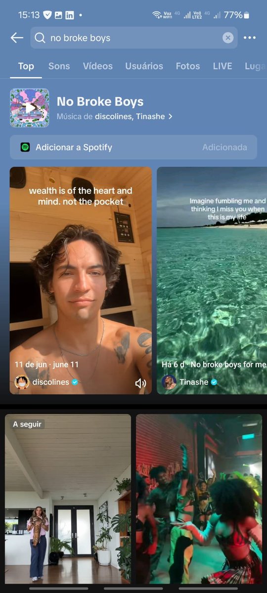 Pesquise por "No Broke Boys" na barra de pesquisa do TikTok e a página ficará azul claro! 

Aproveite para adicionar a música em sua biblioteca do Spotify ao clicar no botão que aparece acima dos vídeos 🩵