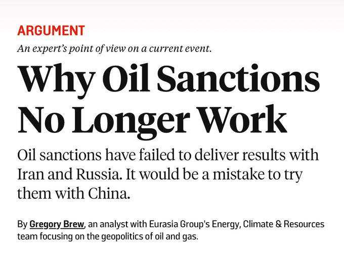 Gregory Brew (@gbrew24) on Twitter photo Have a piece out today in <a href="/ForeignPolicy/">Foreign Policy</a> on oil sanctions and why it's time to admit they don't do what they're designed to do.
Brief thread to unpack some of the key takeaways 1/ Have a piece out today in <a href="/ForeignPolicy/">Foreign Policy</a> on oil sanctions and why it's time to admit they don't do what they're designed to do.
Brief thread to unpack some of the key takeaways 1/