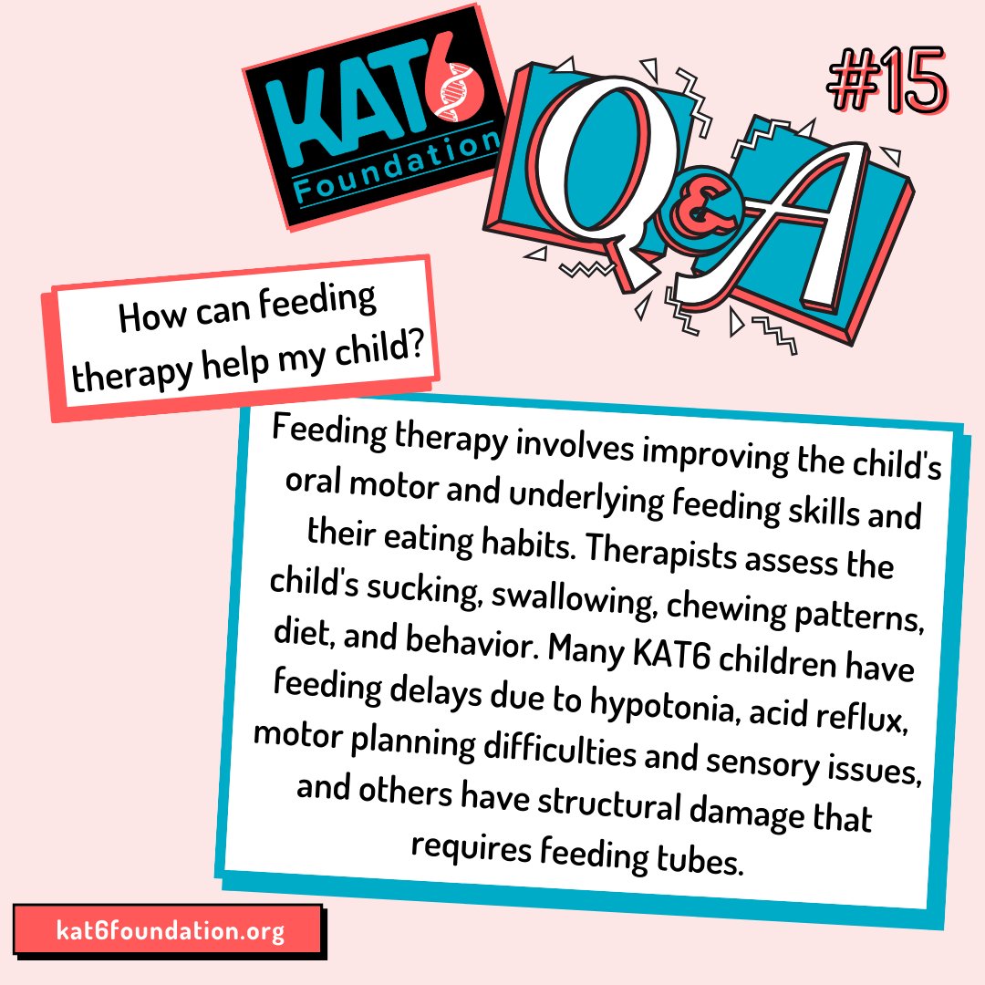 Q&amp;A Friday ✍🏼

How can feeding therapy help my child?

Feeding therapy improves oral motor and underlying feeding skills by assessing swallowing, chewing, diet and behavior. Many KAT6 kids have feeding delays due to hypotonia, acid reflux, motor planning and sensory issues.