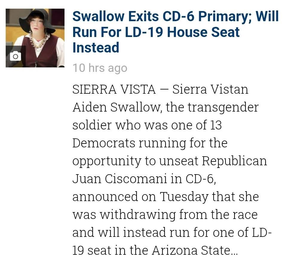 SwingGary2's tweet image. Out of 13 Democratic candidates who had filed statements of interest for CD6 in Arizona, only one (Aiden Swallow) took a clear, visible stand against genocide in Gaza. She has withdrawn from the Congressional race to run for a seat in the state legislature instead.