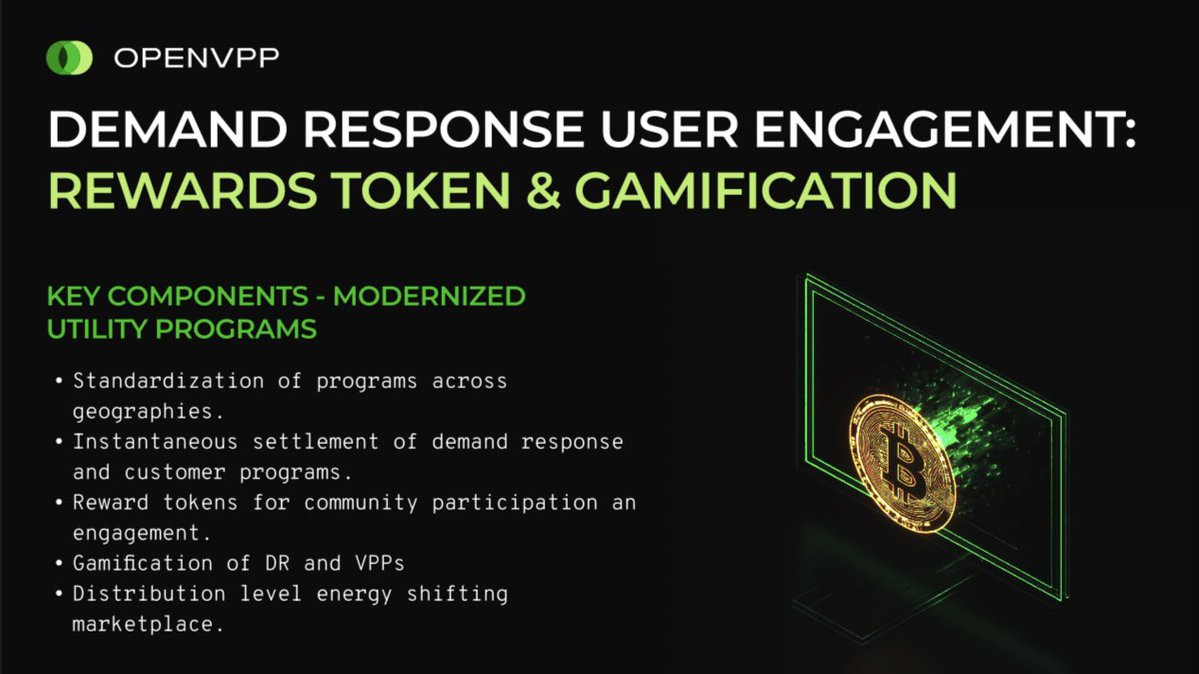 Our electric utility partners are activating components of their $10T+ infrastructure through OpenVPP to increase engagement in demand response programs and introduce loyalty incentives for Virtual Power Plant participants. 

The OpenVPP $OVPP platform enables:
• Real-time