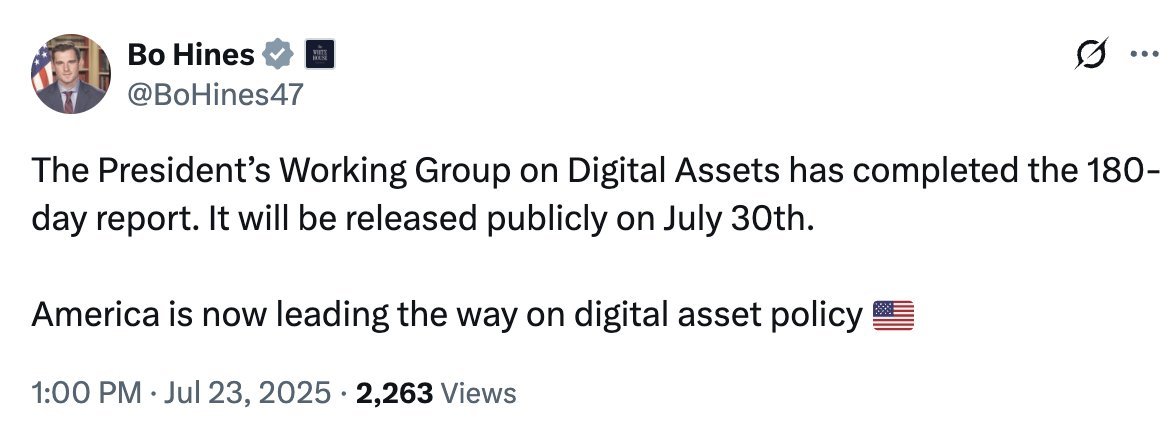 TFTC21's tweet image. Bo Hines says President Trump's Digital Assets report will be released July 30th.