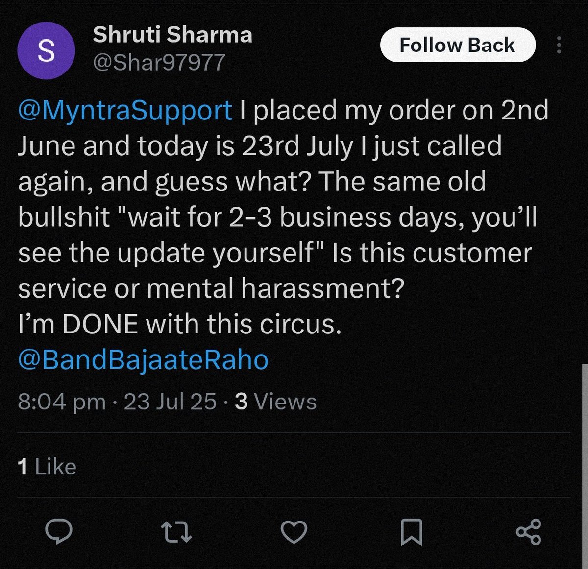 _kumbhkaran's tweet image. Suppose you place a order and even after two month there is no update about it.
This has happened with a girl. She placed an order on 2nd june and today is 23rd july and still there is no update about the order. The status is still showing "in process". When contacted to…