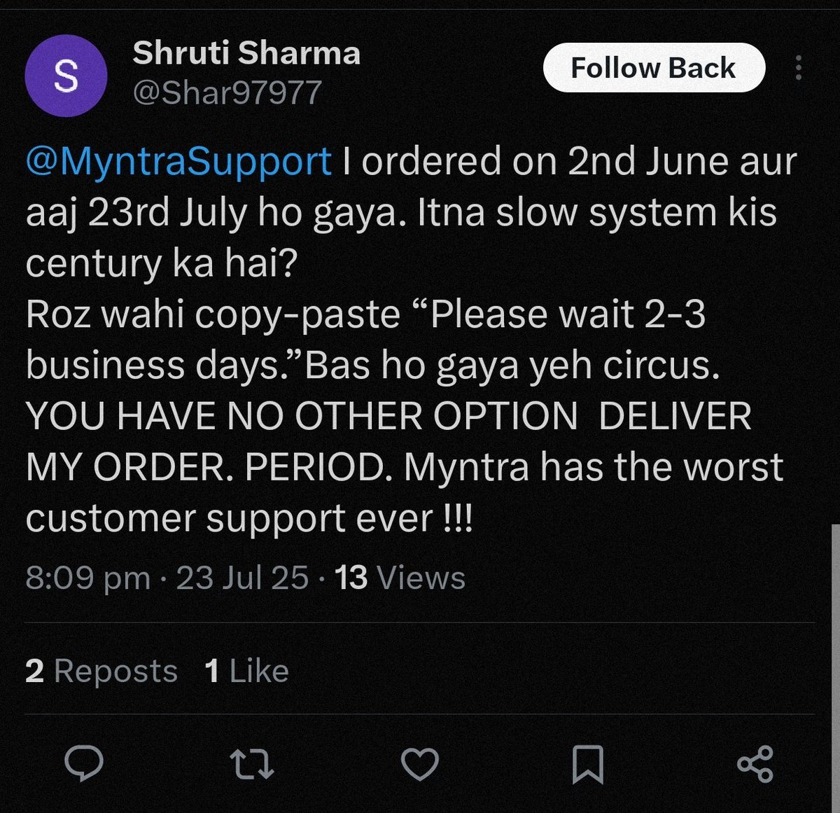 _kumbhkaran's tweet image. Suppose you place a order and even after two month there is no update about it.
This has happened with a girl. She placed an order on 2nd june and today is 23rd july and still there is no update about the order. The status is still showing "in process". When contacted to…