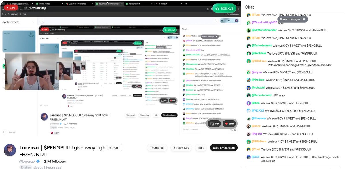 lorenzo_onx's tweet image. Just gave away over $500 worth of $ICY, $INVEST, and $PENGBULU today on my @AbstractChain stream!
Had 50+ viewers watching and participating 🤯