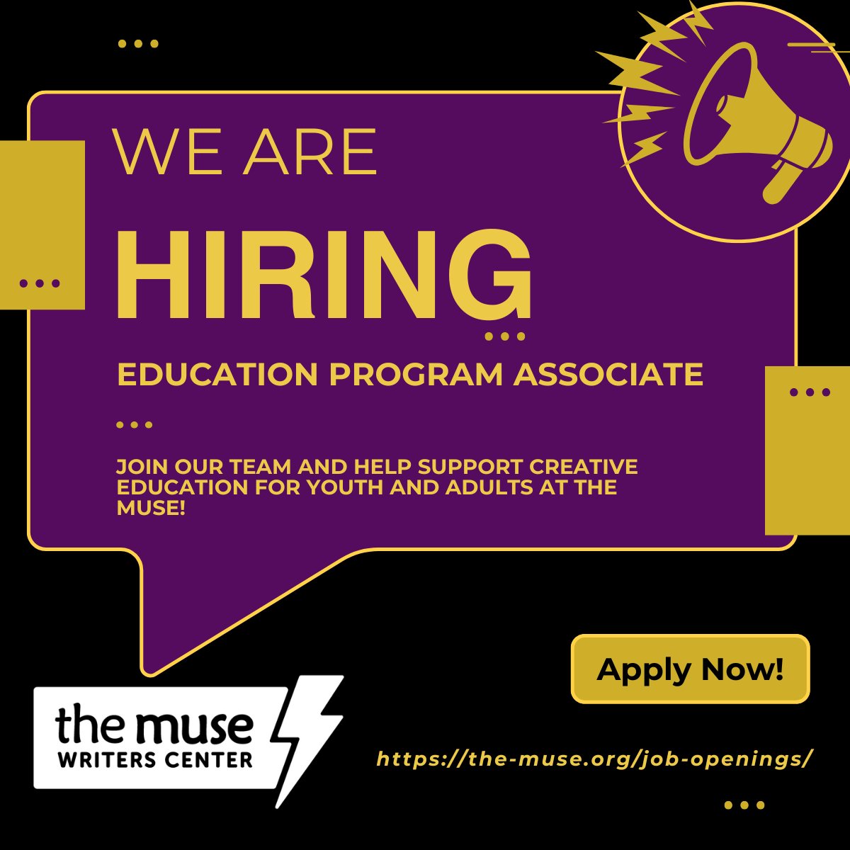 🔔 We're Hiring! The Education Program Associate supports the daily operations of The Muse Writers Center’s adult and youth education programs. ⚡️

📍 Read more and apply here: the-muse.org/job-openings/