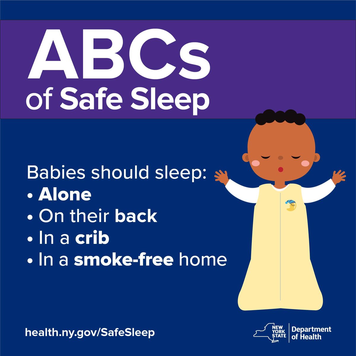 markpoloncarz's tweet image. Do you know the ABCs of safe sleep? Caregivers should follow these "ABCs" from @ECDOH and @HealthNYGov:
👶 Babies sleep ALONE: no blankets, pillows or toys.
👶 BACK to Sleep: Always place infants on their backs to sleep.
👶 Sleep in a Safe CRIB.
🚭 Keep Your Home Smoke-Free.