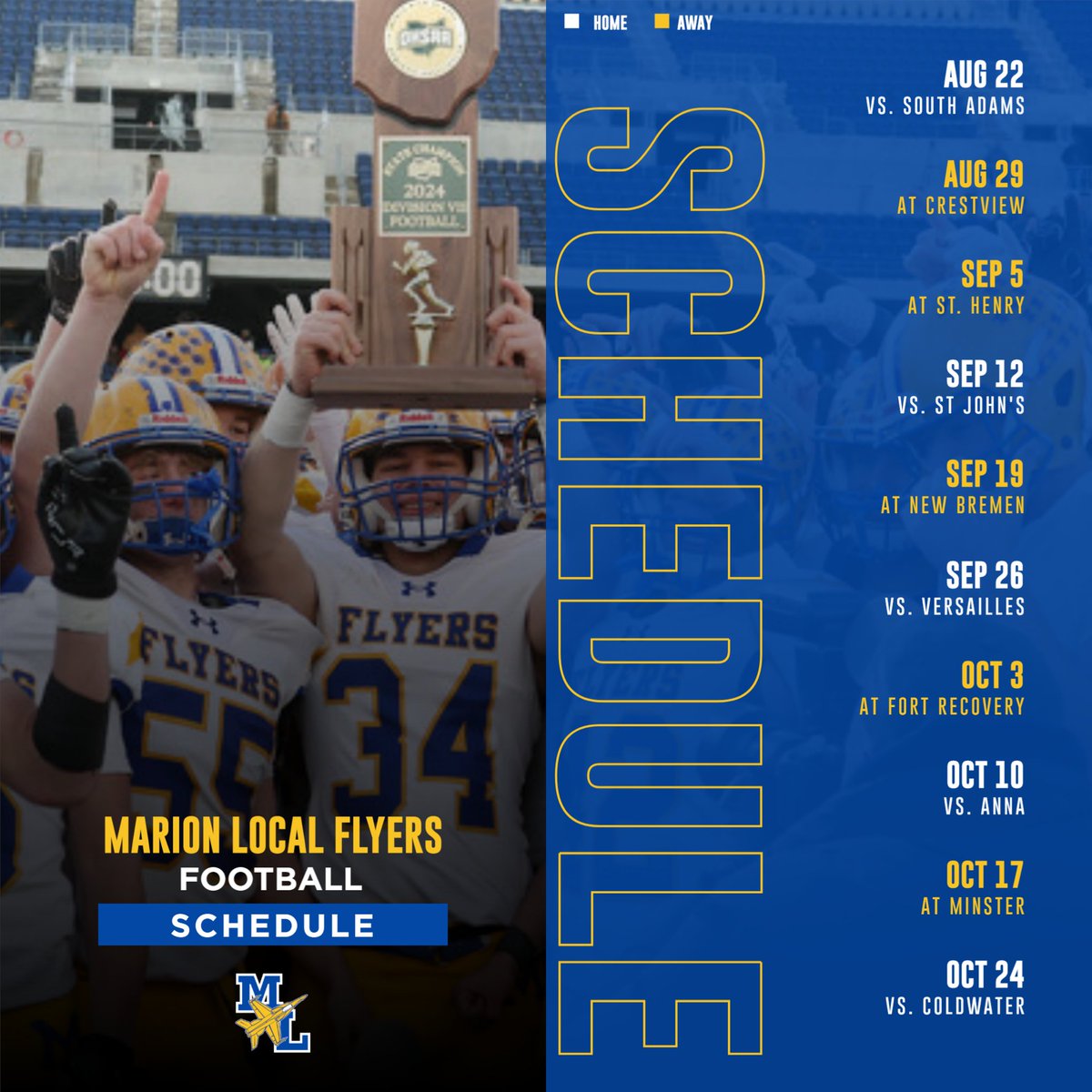 MACScores's tweet image. 🏈 Countdown to Kickoff starts NOW!
We’re releasing a new MAC football schedule each day until all are out.
First up: the defending state champs — Marion Local Flyers 🔵🟡
Aug 22: vs. South Adams
#MACFootball #CountdownToKickoff #MarionLocal #FlyerPride