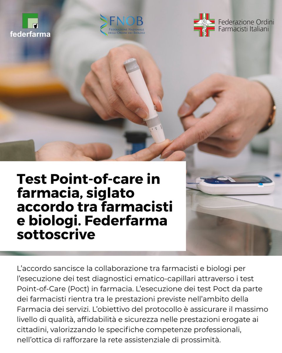 FederfarmaITA's tweet photo. Assicurare qualità, sicurezza e affidabilità ai cittadini. È questo l’obiettivo dell’accordo firmato da FOFI e #FNOB, sottoscritto per adesione da Federfarma e Assofarm, che rafforza la #farmaciadeiservizi nel nuovo modello di sanità territoriale.
https://t.co/D08xjJPHX2 https://t.co/uZTONJFh9B